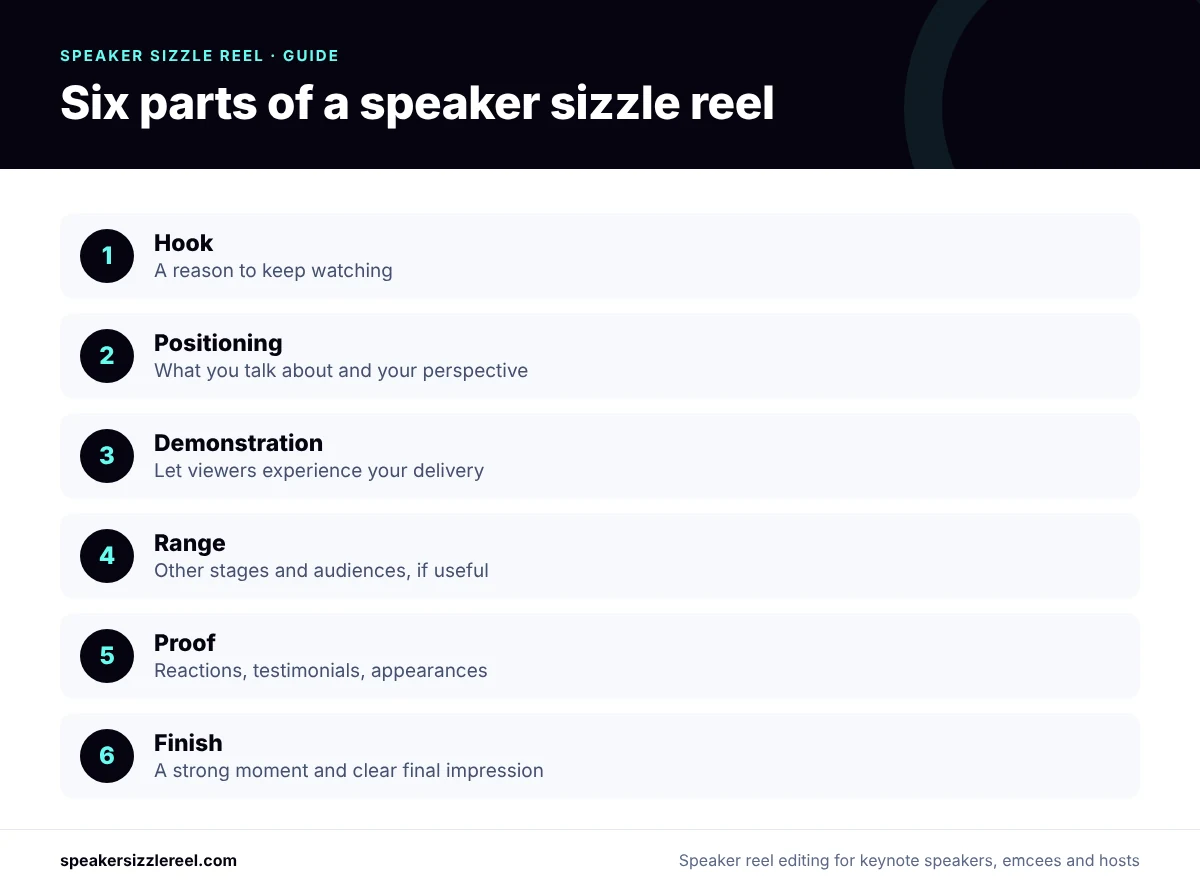 Infographic of the six parts of a speaker sizzle reel: hook, positioning, demonstration, range, proof and finish