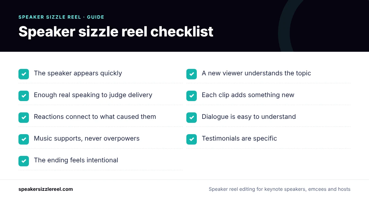 Checklist infographic for a speaker sizzle reel: speaker appears quickly, topic is clear, enough real speaking, each clip adds something, clear dialogue, supportive music, specific testimonials, intentional ending