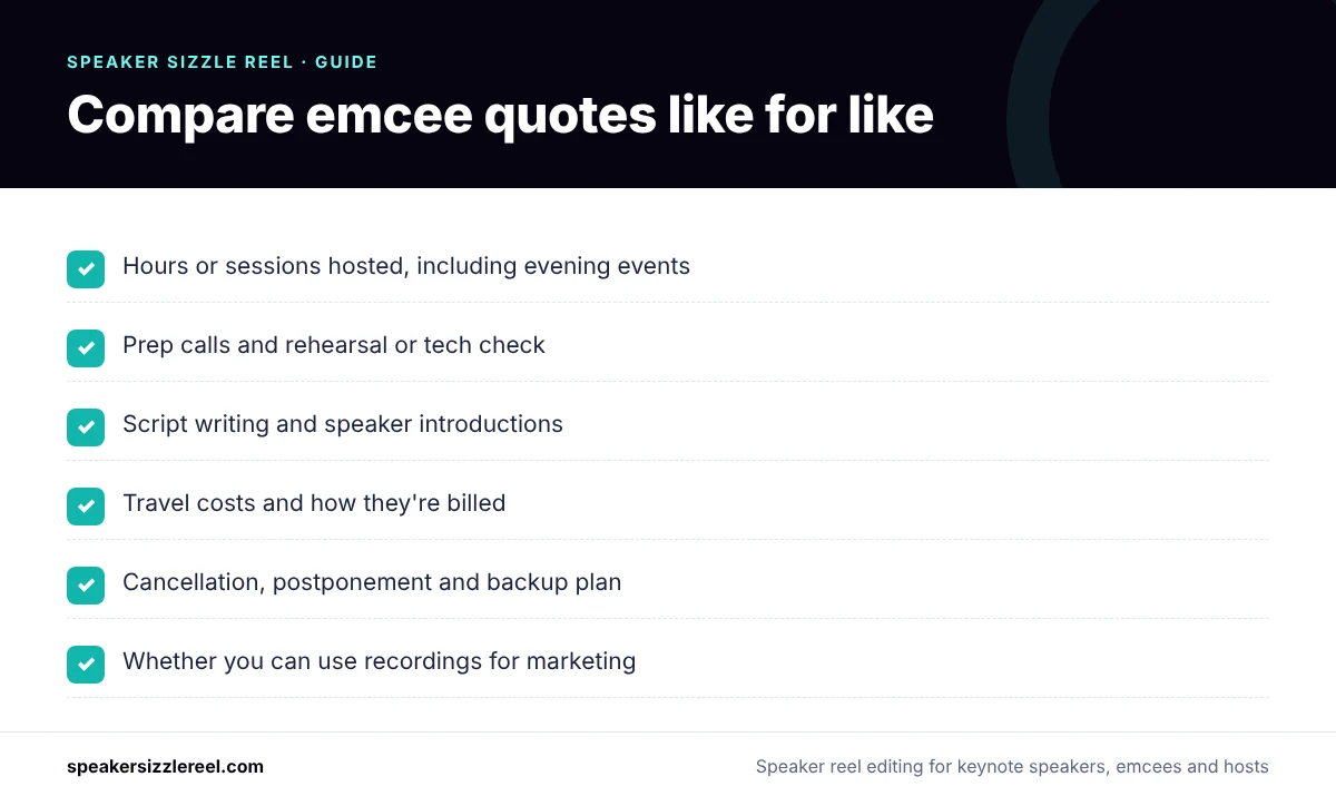Checklist infographic for comparing emcee quotes: hours and sessions, prep calls and rehearsal, script and introductions, travel, cancellation terms, use of recordings