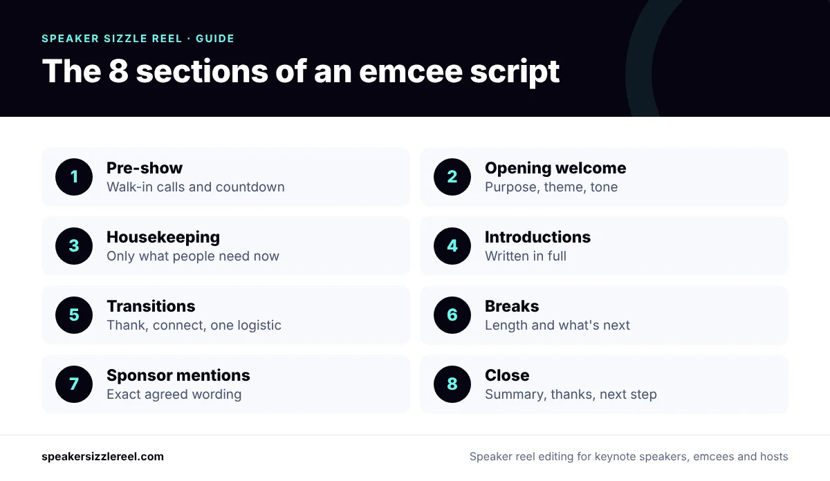 Infographic of the eight sections of a conference emcee script: pre-show, opening welcome, housekeeping, speaker introductions, transitions, breaks, sponsor mentions and close