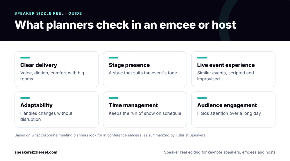 Infographic of six things event planners check when booking an emcee or host: clear delivery, stage presence, live event experience, adaptability, time management and audience engagement